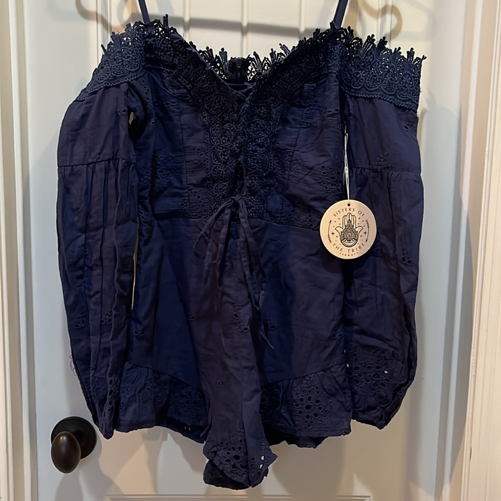 Off shoulder romper with lace trim